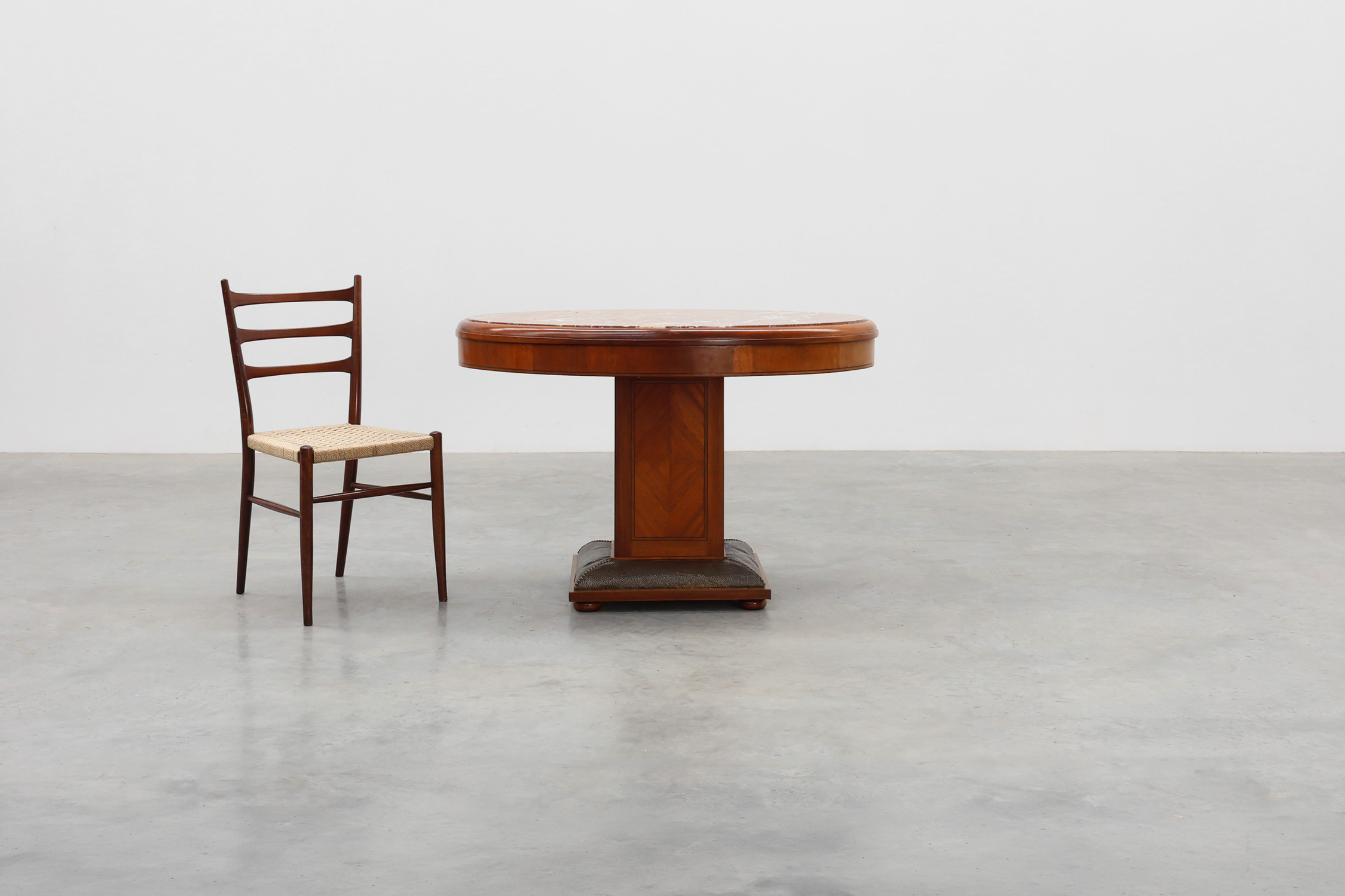 Oval Art Deco Side Table in Walnut with Marble Top by De Coene, Belgium, ca. 1925thumbnail